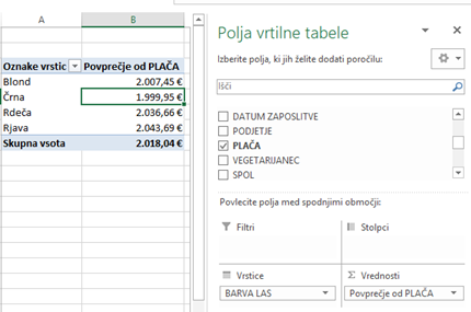 Izdelovanje poročil vrtilne tabele glede na ključ
